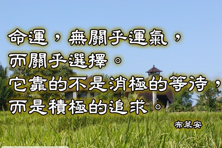 命運，無關乎運氣，而關乎選擇。
它靠的不是消極的等待，而是積極的追求。--布萊安