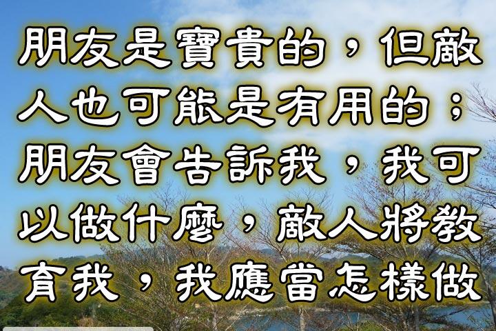 朋友是寶貴的，但敵人也可能是有用的；
朋友會告訴我，我可以做什麼，
敵人將教育我，我應當怎樣做。--席勒